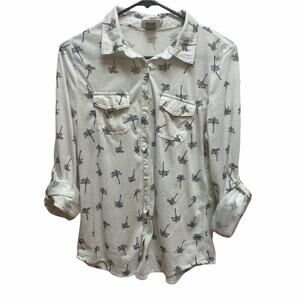 Passport palm tree design button up shirt with roll tan sleeves Large